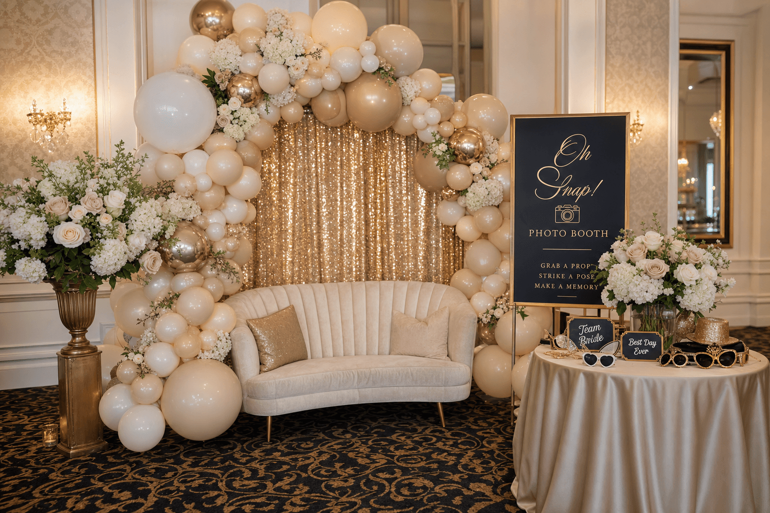 Luxurious photo booth setup with balloon installations and floral arrangements