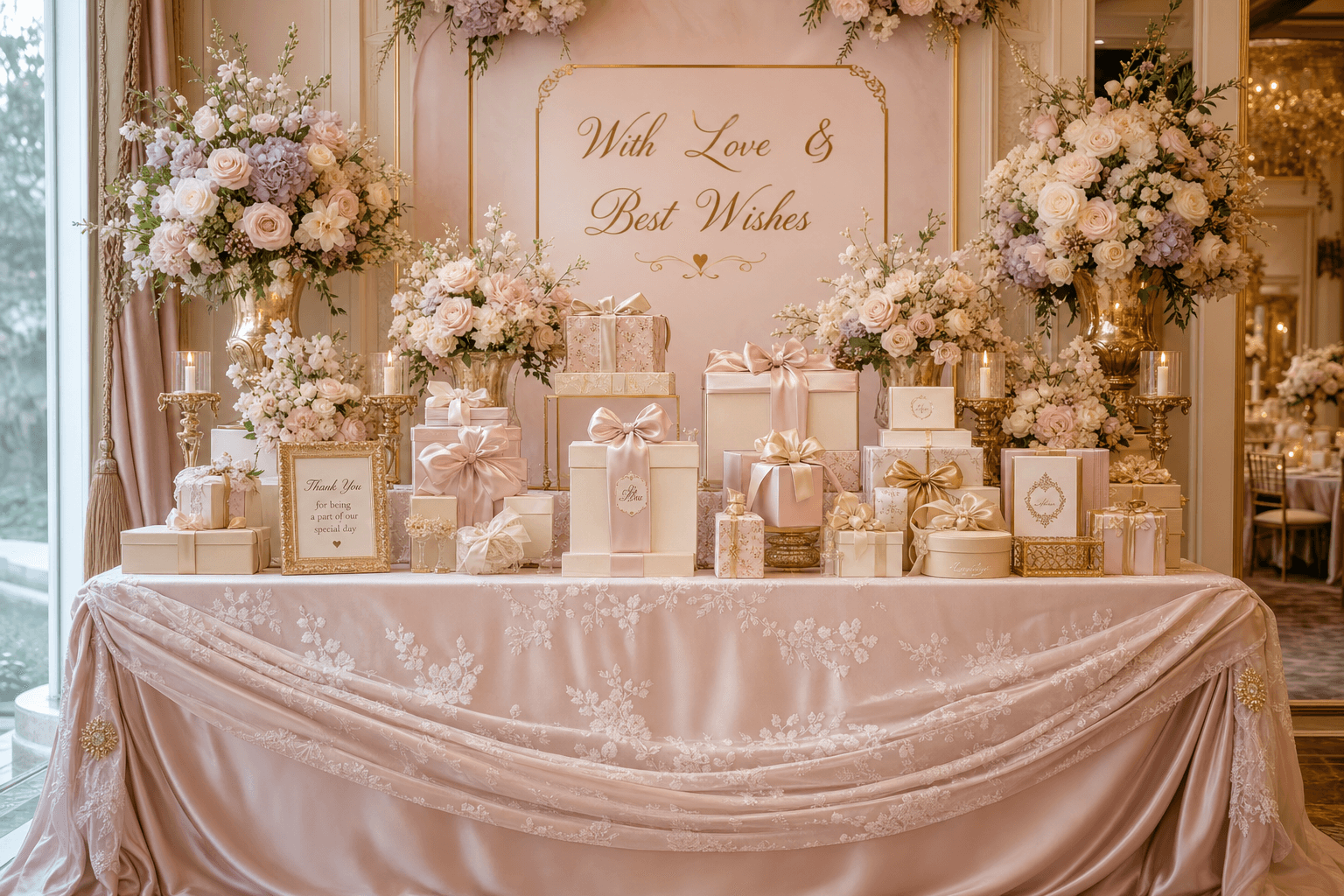 Elegantly decorated gift table for a luxury event.