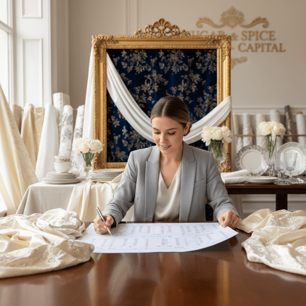 Maya Fortier reviewing a seating chart beside luxury linens in a styling studio