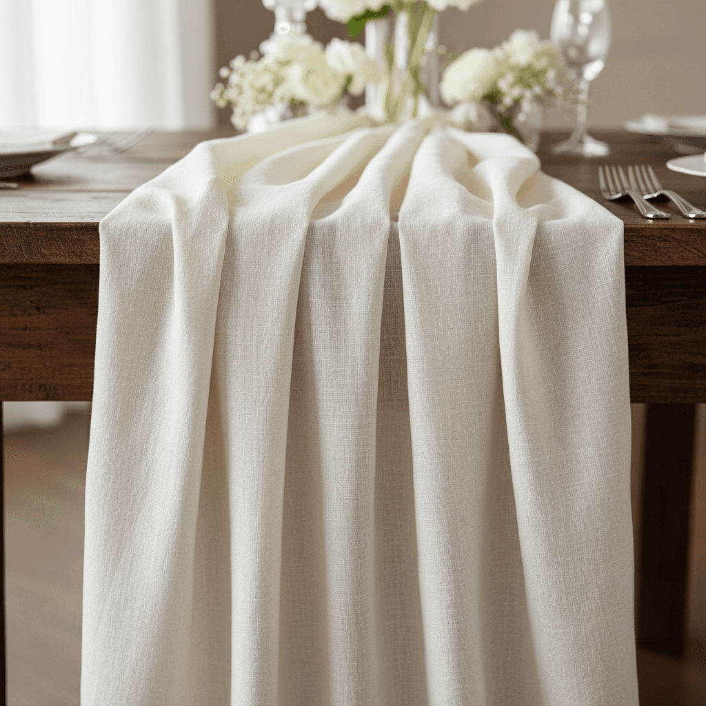 Close-up of draped ivory linen on a wooden table with natural fabric texture