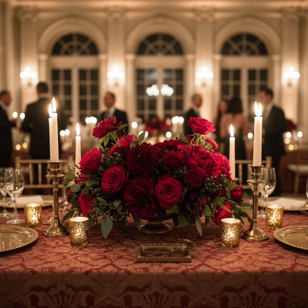 Deep red and burgundy floral centerpiece with candlelight on a draped table