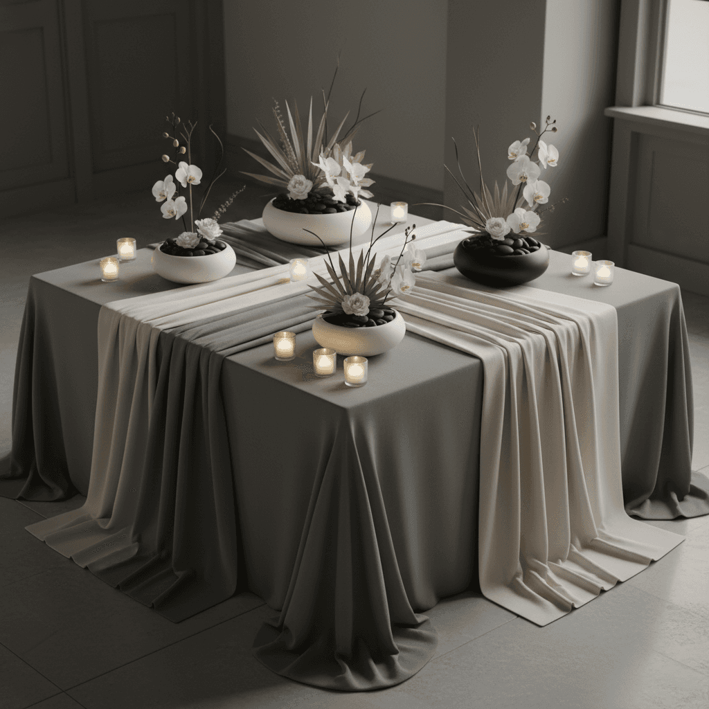 Minimalist corporate reception table with monochrome linens and low floral arrangements