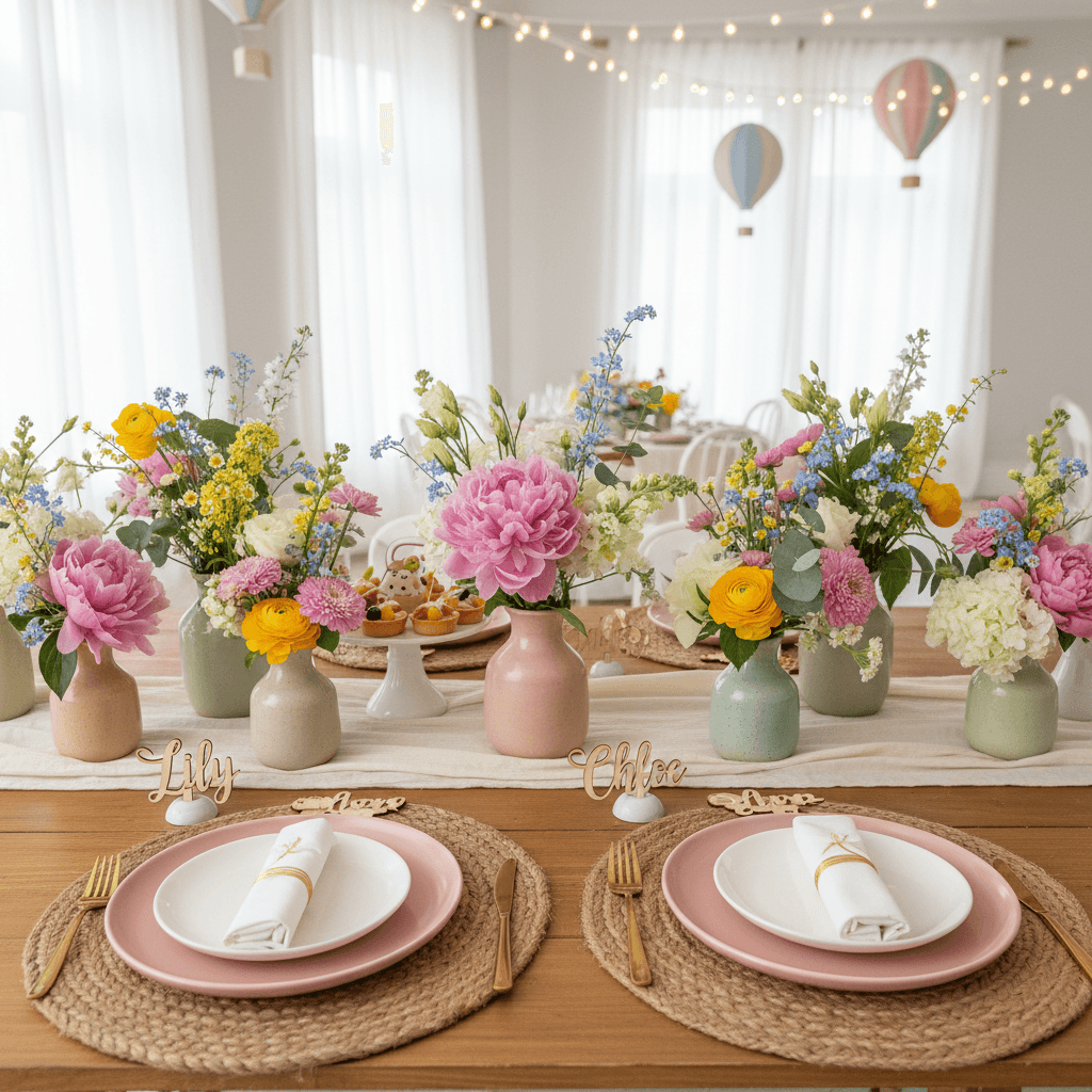Children's party table with small ceramic vases, wooden name cards, and natural placemats