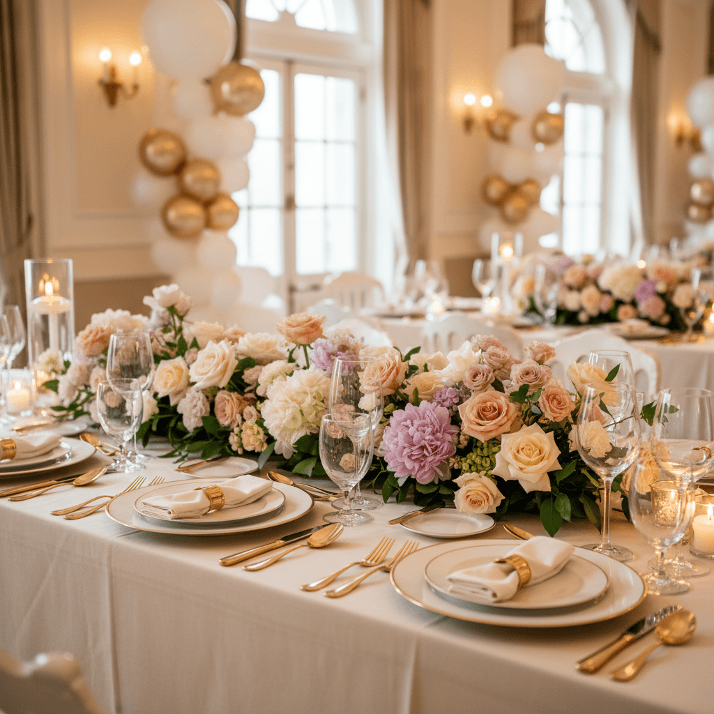 A bride and groom standing close in a softly lit reception space with candles and greenery