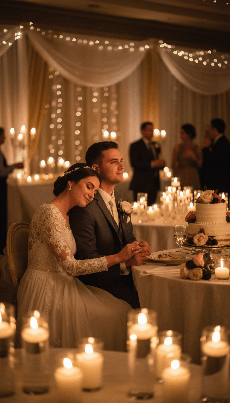 A bride and groom standing close in a softly lit reception space with candles and greenery