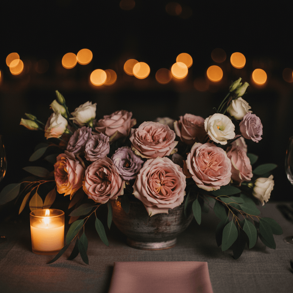 Close-up of floral arrangement under candlelight at an evening event