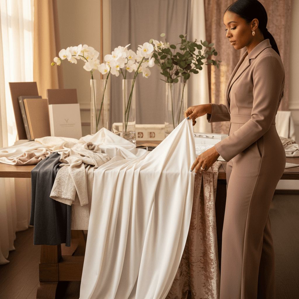 Zakiya Bomani adjusting a linen fold at a styling table beside a backdrop sample