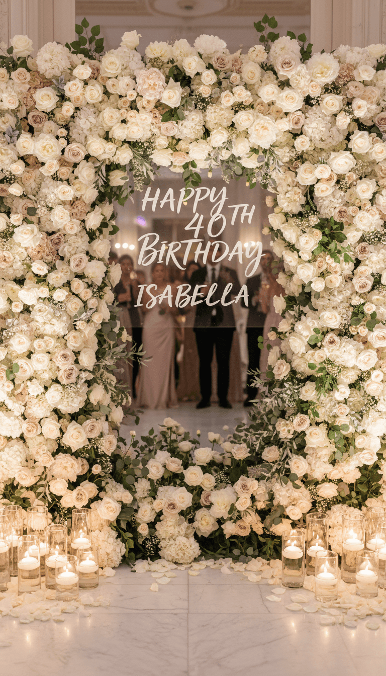 A floral backdrop in ivory and blush tones behind a dessert table at a birthday celebration