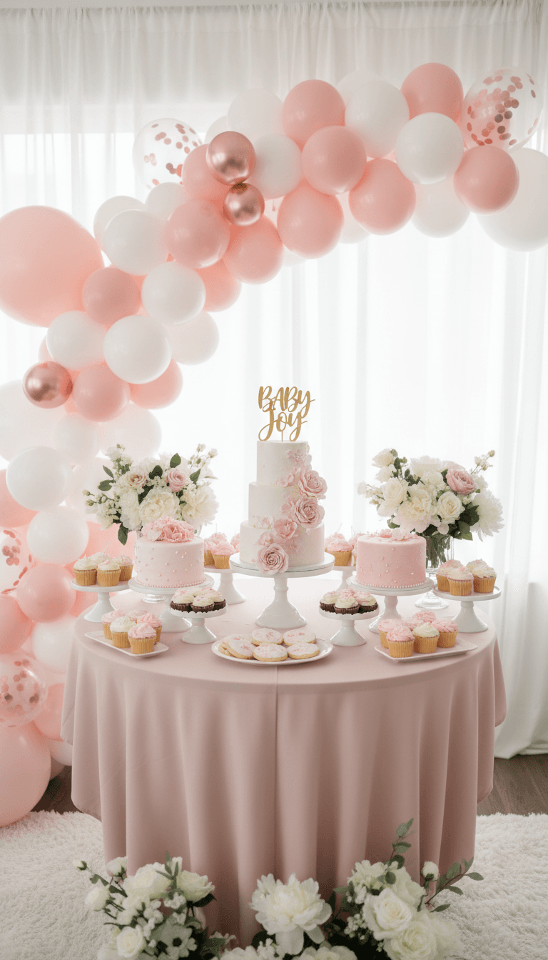 A baby shower table with a pink and white balloon garland, small cakes, and fresh flowers