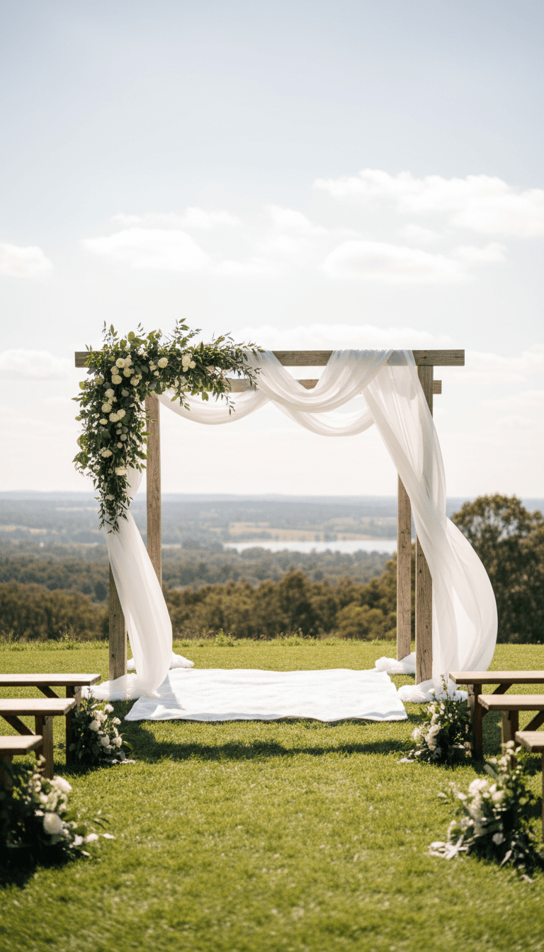 A wooden wedding arch wrapped in white fabric and eucalyptus overlooking a garden aisle