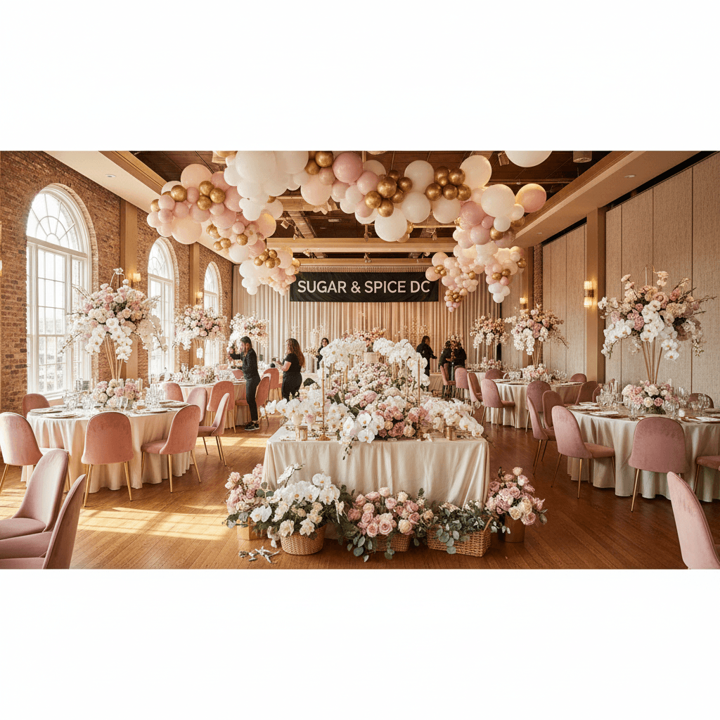 Event space mid-setup with floral and styling supplies before transformation