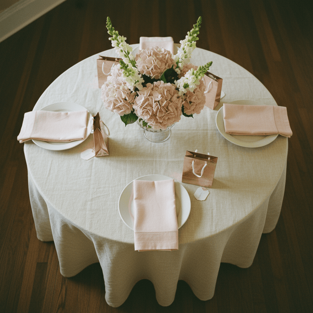 Overhead view of baby shower tablescape with pale pink floral centerpiece