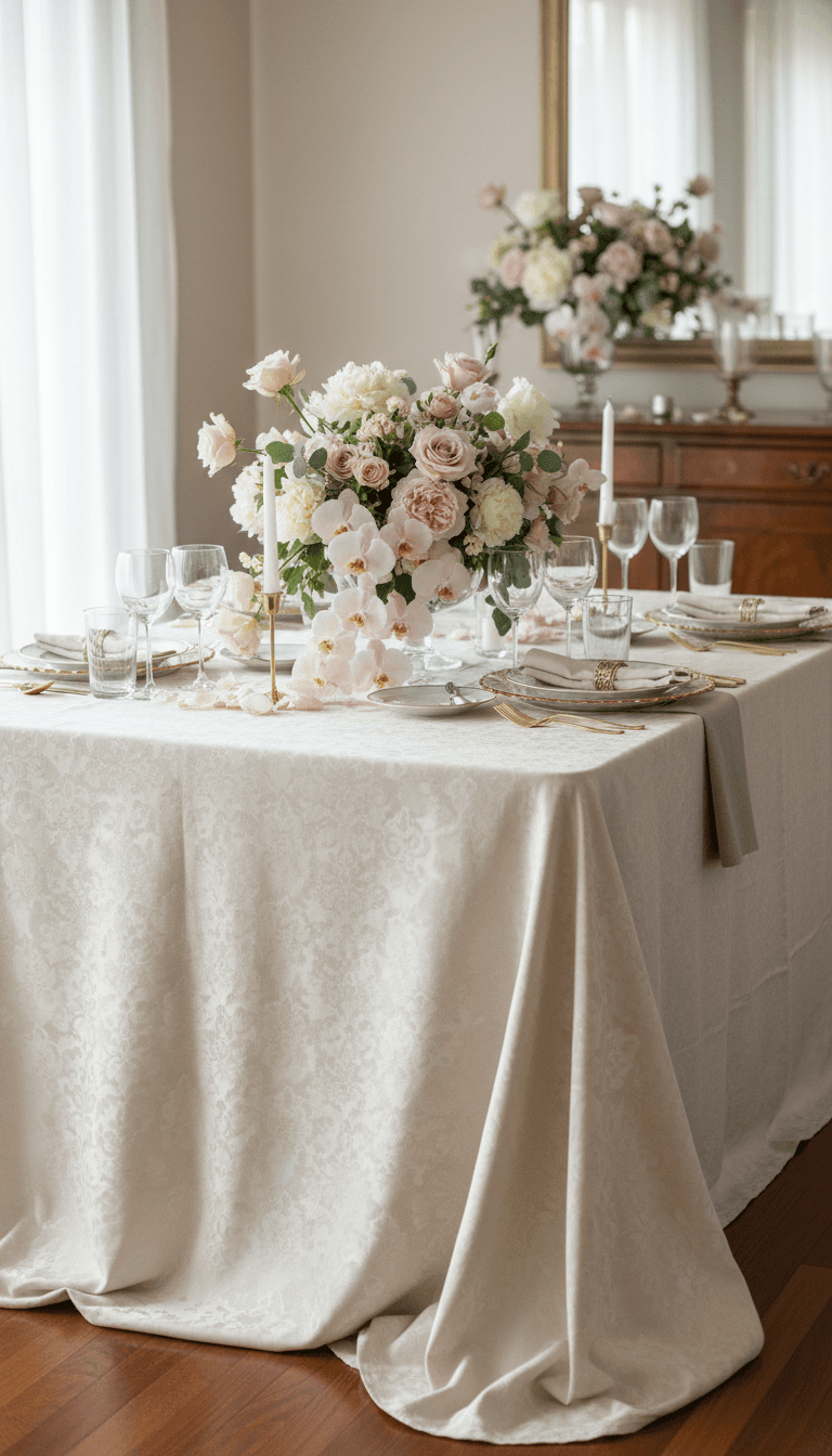 A dining table dressed in cream linen with a low floral arrangement and gold flatware