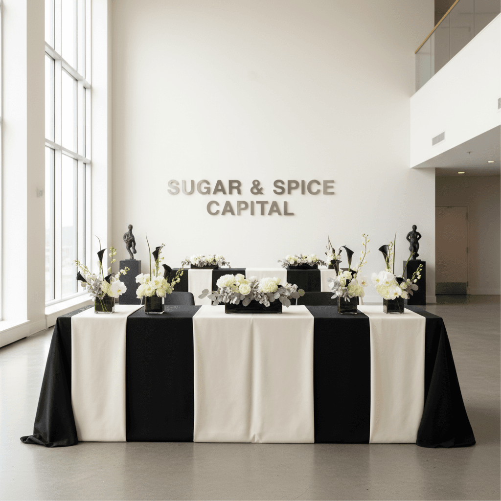 Minimalist reception table with monochrome linens and low floral arrangements in a modern event space