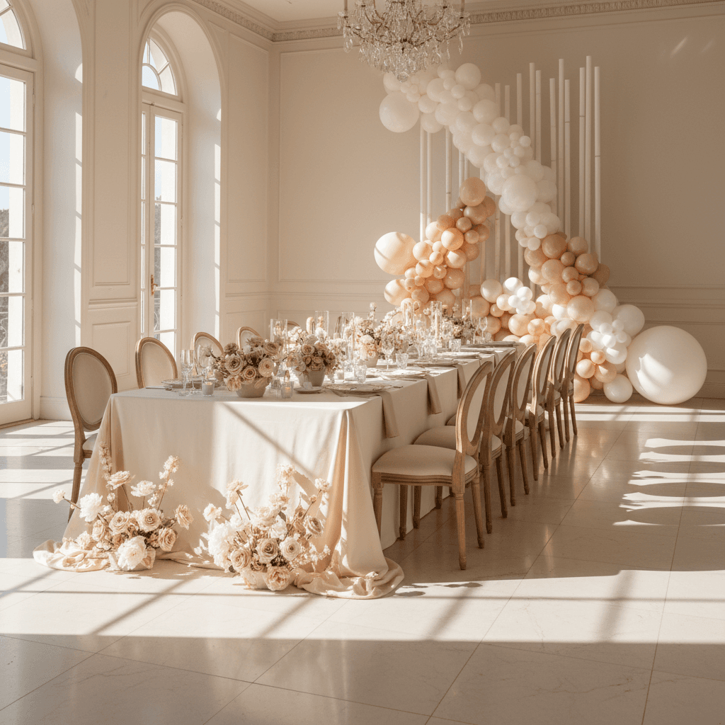 Wedding reception room with cream linen table, soft floral centerpieces, and pearl-toned balloon installation