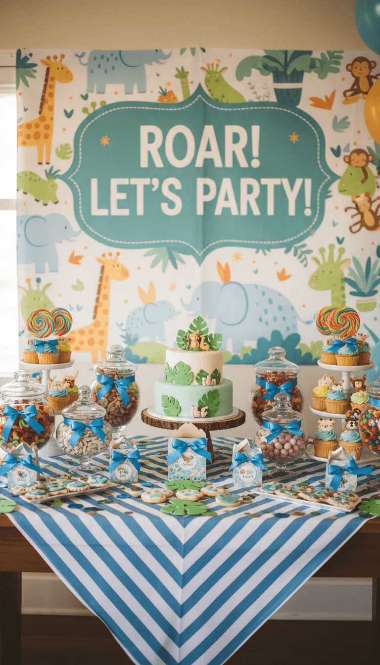 A children's party dessert table with a custom backdrop, candy jars, and pastel décor