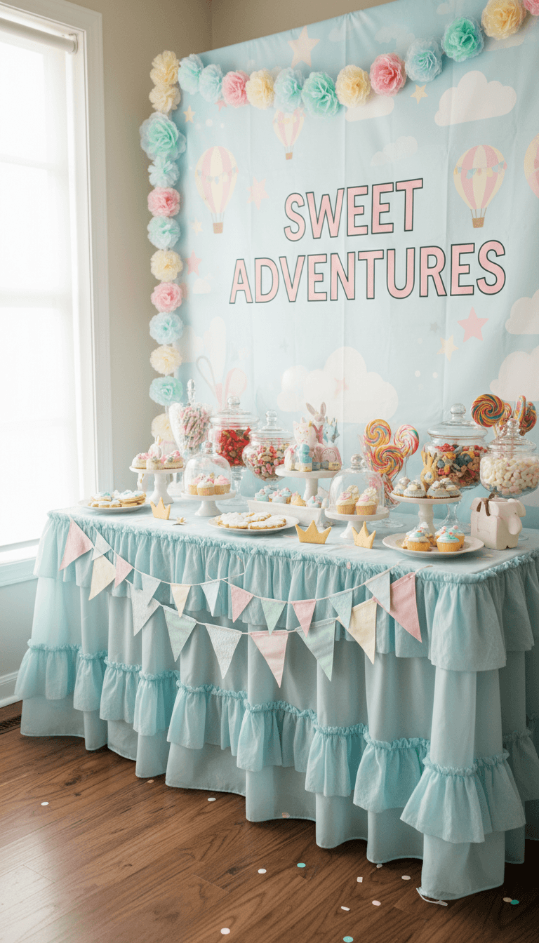 Whimsical children's party dessert table with pastel colors, candy jars, and a custom backdrop.