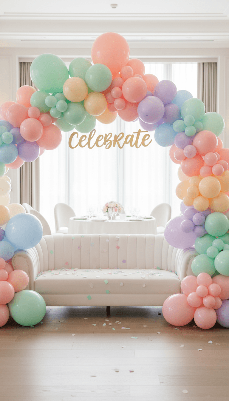 A pastel balloon arch framing a lounge area with a white sofa and gold accents