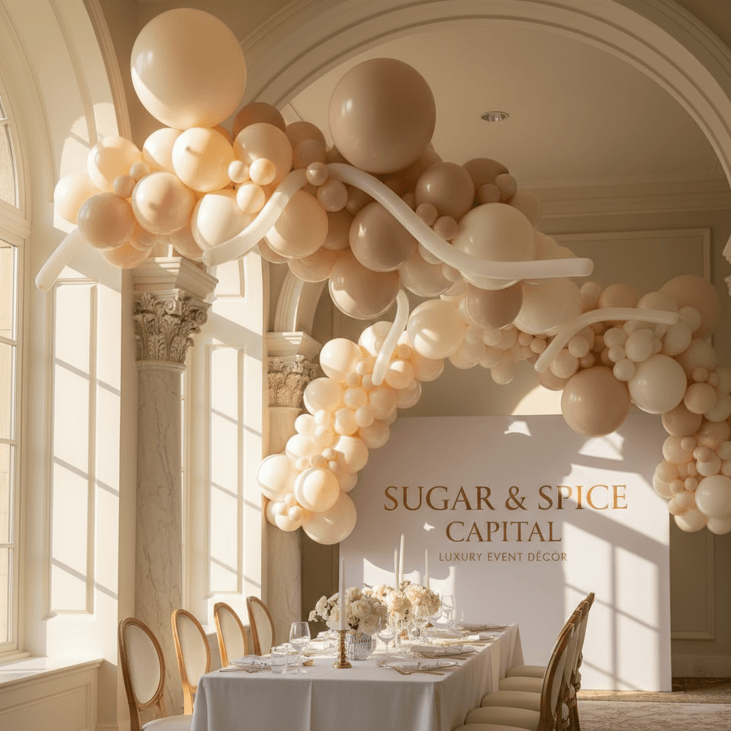 Sculptural balloon installation with cream and blush tones in a sunlit event space
