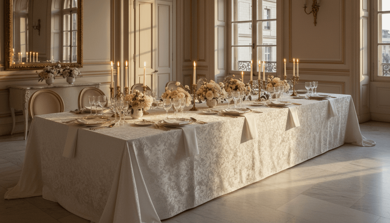 Elegant dining table with white linens, delicate florals, and candlelight in a softly lit room
