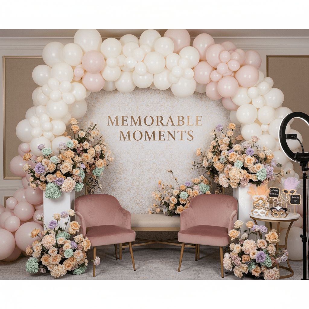 Luxurious photo booth setup with balloon installations and floral arrangements