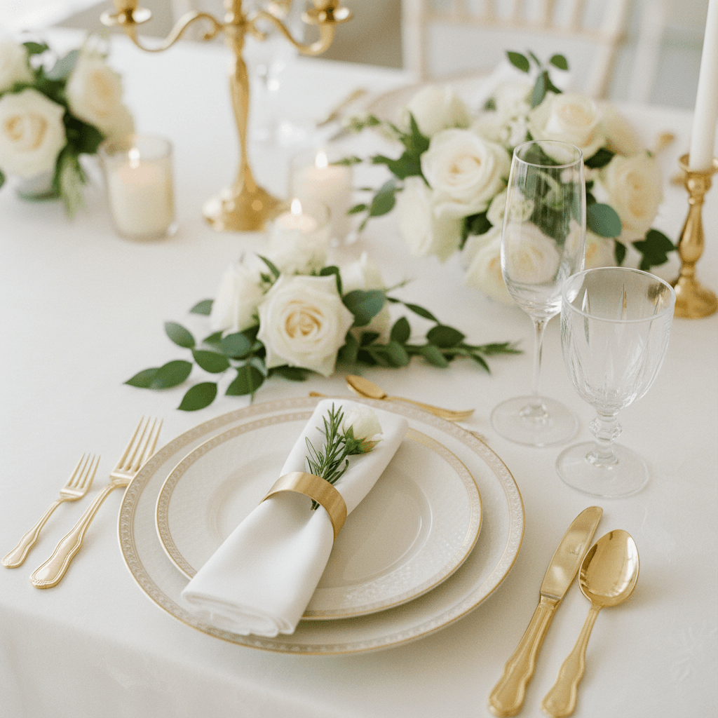 Elegant dining table with white linens and floral centerpiece