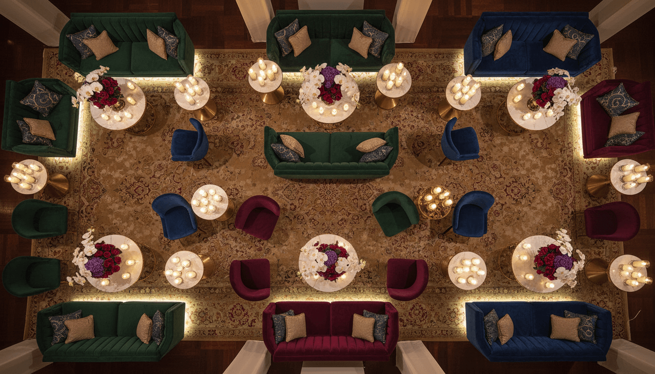 Corporate event lounge with velvet seating and floral arrangement