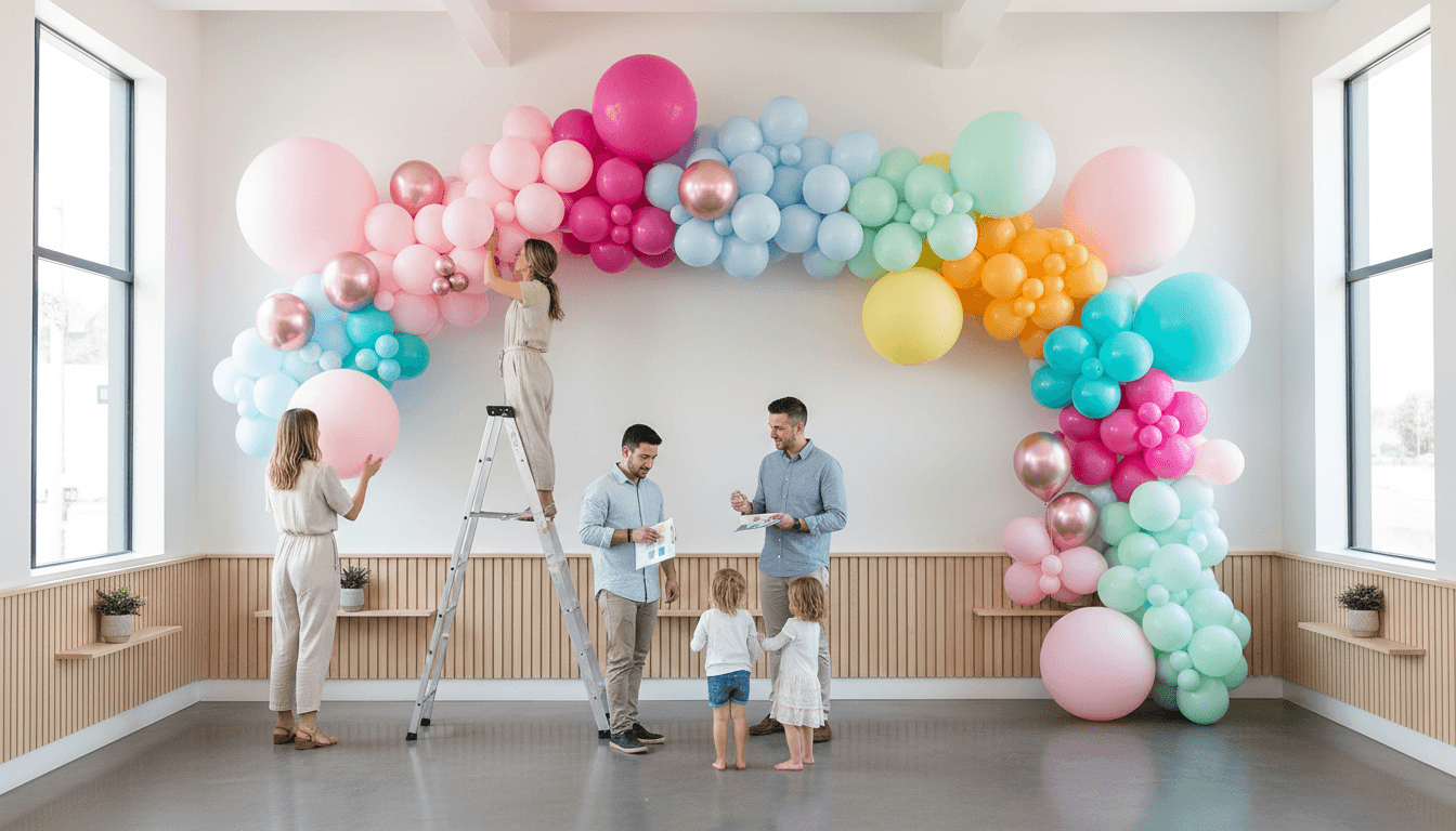 Balloon installation cascading from ceiling in pastel tones