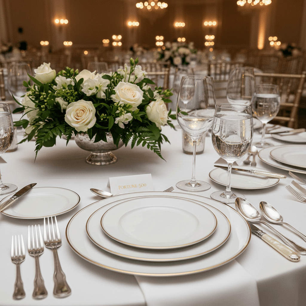Corporate dinner table with dark linens and floral arrangement