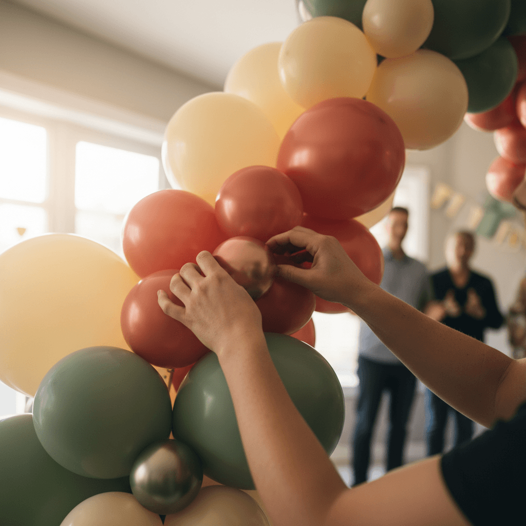 Navy and cream balloon installation against wallpaper