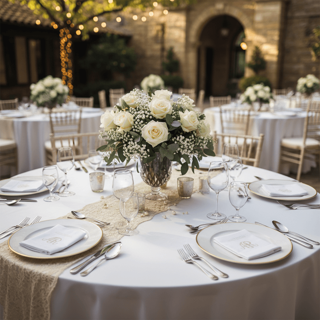 Wedding reception table setting with fine china and crystal stemware