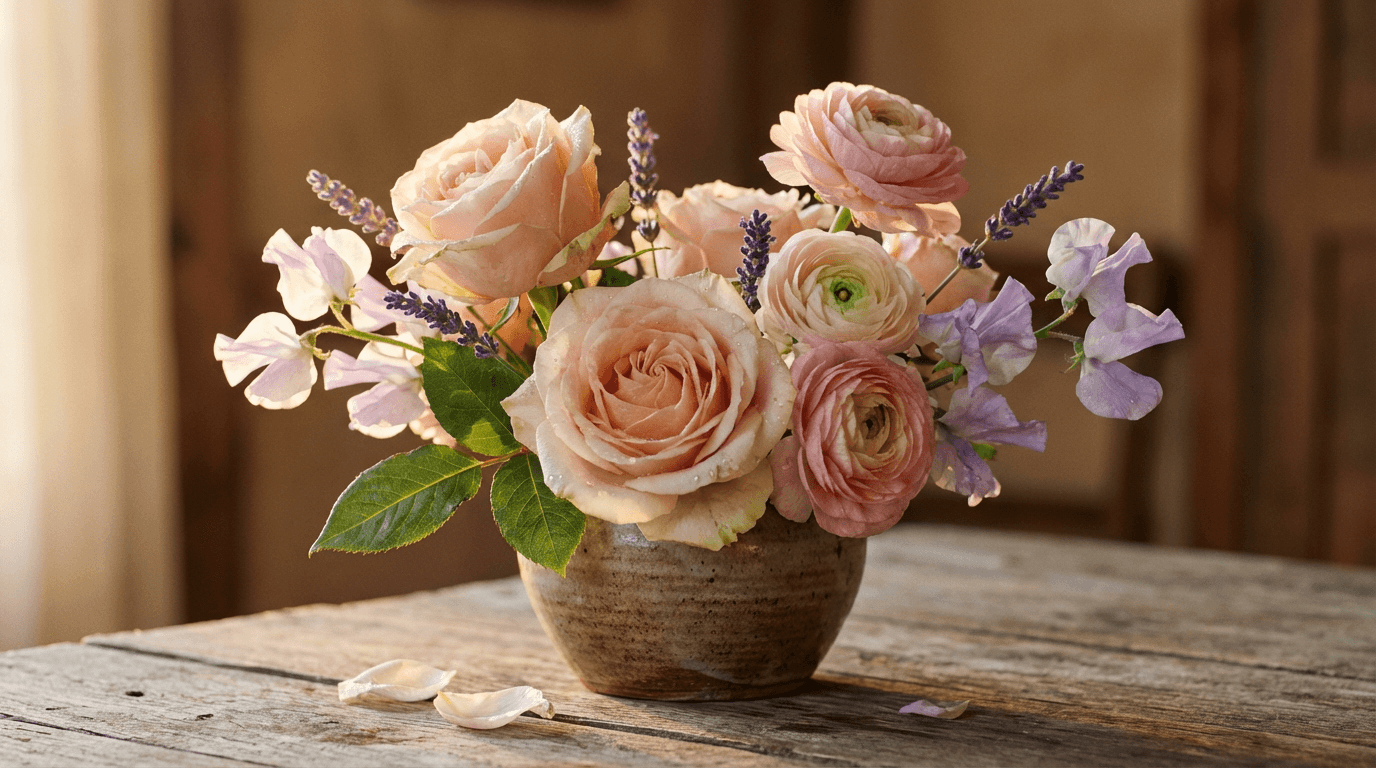 Hand placing a flower in a vase on a linen-covered table with soft window light
