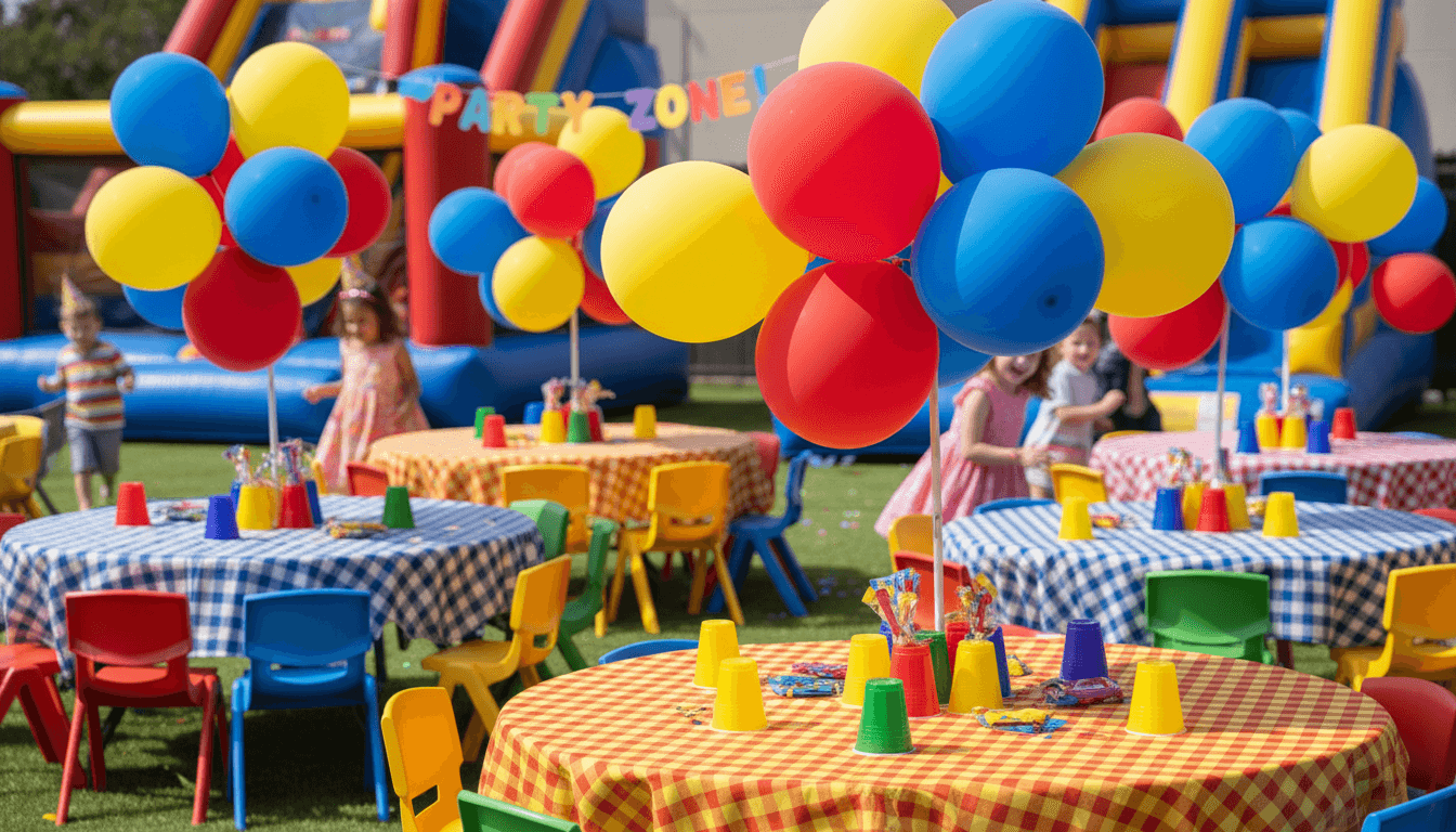 Children's party table with pastel balloon garland and cake