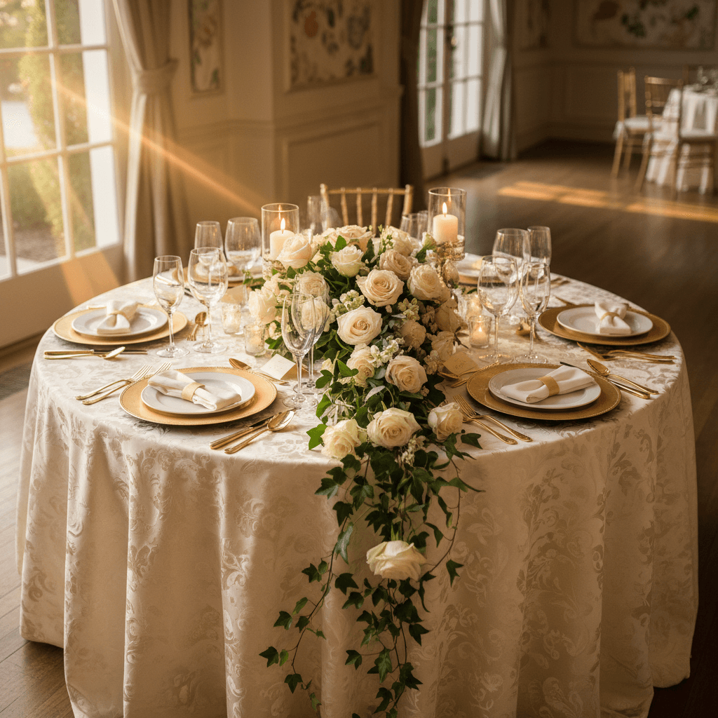 Wedding reception with balloon arch and floral centerpieces